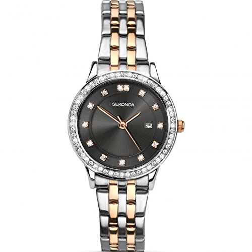 Sekonda Harmony Damen schwarz Zifferblatt Armbanduhr mit zwei Ton Edelstahl Armband 2389