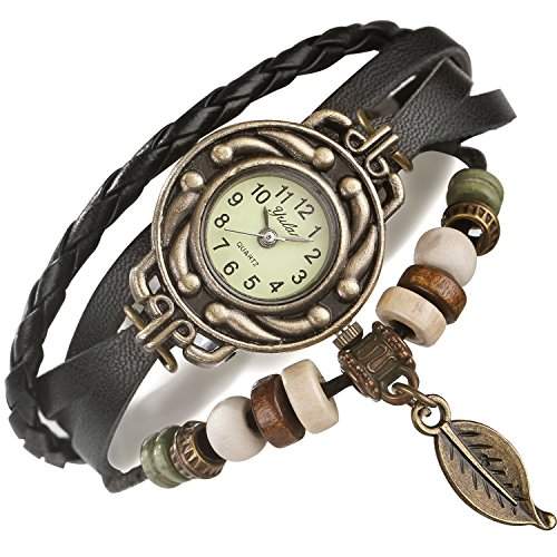 FLORAY Damen und Herren Schwarz Lederarmbaender,Armbanduhr Gratis Blue Jewellery Box Laenge: 18cm - 20cm