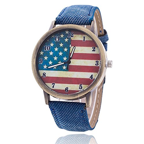 Unisex Armbanduhr Quarz Amerika Ziffern Alt gold Jeansband blau