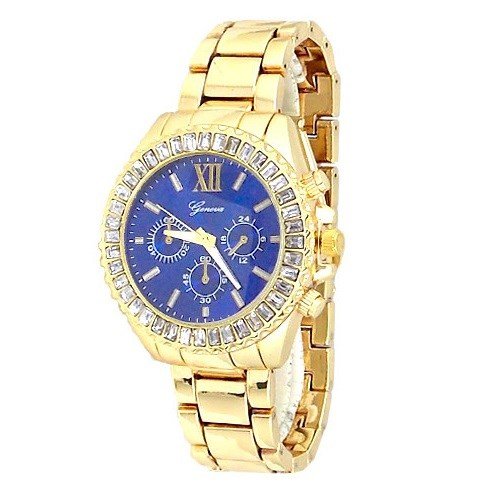 New Gold Ton Blue Face Geneva Armbanduhr Weltkarte Damen Fashion Armband