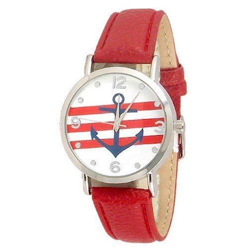 Anker Uhr Sailor Red Band Buegel Art und Weise Nautical Streifen Analog Quarz Unisex