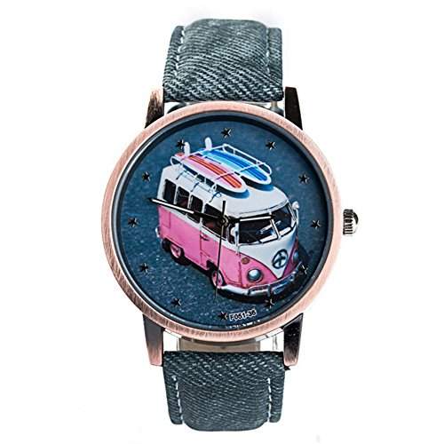 LI&HI Retro Unique Damen accessories Bus Cowboyguertel kreative Uhren Armbanduhr Quarz uhr Lederarmband Anhaenger Uhr Top Watchschwarz