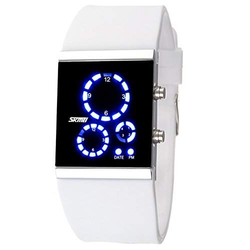 LI&HI wasserdicht Silikon LED Uhr mit Uhr Sport Ring Armbanduhr fuer Liebhaber Herren Damen Unisex Watch Ihn Design Highlight -L-weiss