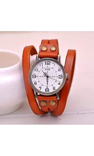 GSPStyle Unisex Uhr Lederarmband Retro Damenuhr Herrenuhr Armbanduhr Quarzuhr Unisex Uhren Farbe Orange