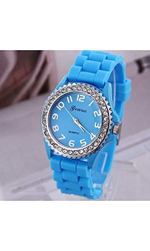 GSPStyle Damen Silikone Armbanduhr Quarzuhr Mit Strass Damenuhren Uhren Farbe Hellblau