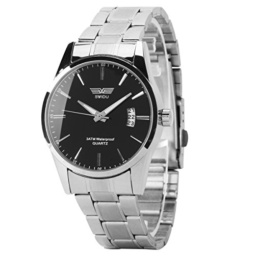 GSPStyle Quarz Uhr Edelstahl Armbanduhr Datum Analog Uhren Farbe Schwarz