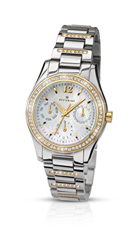 Accurist Damen Perlmutt Zifferblatt Stein Set Armband Uhr mit Tag Datum Zifferblaetter 8054