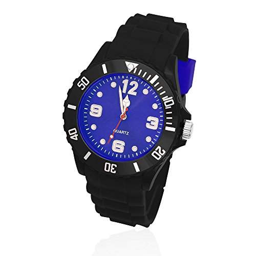 Silikon Uhr Armbanduhr Herren Damen Quarz Trend Schwarz Gummi Watch Unisex schwarz-royalblau