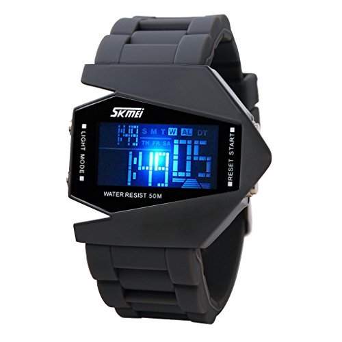 LED Display Colorful Light Digital Sport Water Resist Stealth Fighter Style Wrist Watches with Silicone Strap - Grey