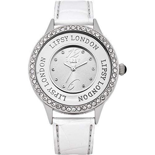 Lipsy London Damen Armbanduhr LP103- Weiss Leder Uhrenarmband- Edelstahl Gehaeuse Und Silbernes Ziffernblatt