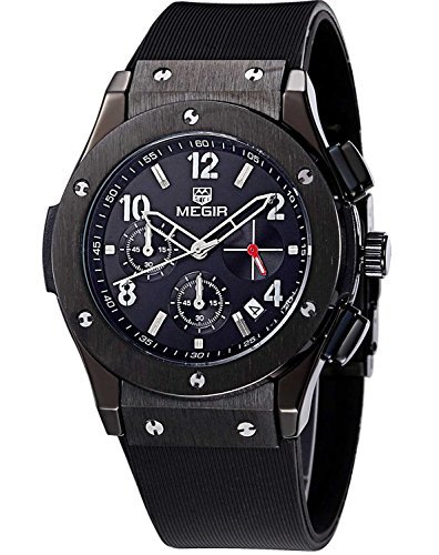 Megir Mens Sport Silicone Military Chronograph Casual Quartz Watch with Black Face by MEGIR