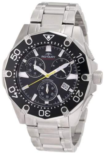 Rotary Aquaspeed Herren-Quarzuhr mit schwarzem Zifferblatt Chronograph-Anzeige und Silber Edelstahl Armband AGB90033C04