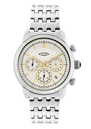 Rotary Uhren Mens Monaco-Quarz-Uhr mit weissem Zifferblatt Chronograph Anzeige und Silber-Edelstahl-Armband gb028 7602 DE