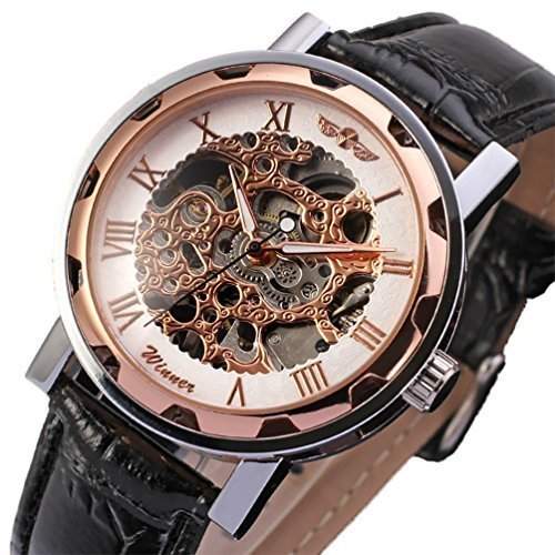 Gute Klassisch Herren Damen Unisex Rose-Gold Skelett Analog Handaufzugwerk Armbanduhr