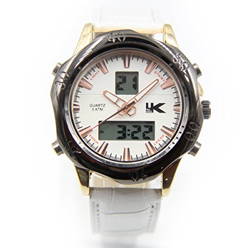 YAKI Uhr Analog Digital Quarz Uhr mit Einstellbare Doppel Geographische Zeit Weiss Armband B26