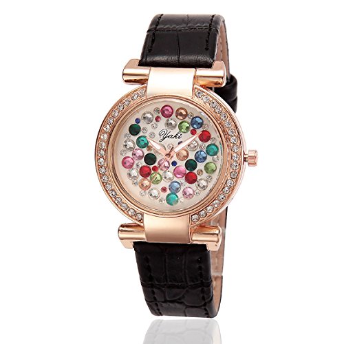 YAKI Fashion Casual Luxus Strass Analog Quarz Uhr Schwarz Armband Gold Zifferblatt
