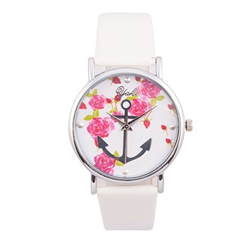 YAKI Blumenmuster Uhr Armbanduhr Uhren Damen Quarzuhr Rosenmuster mit Lederarmband CTH8013 Wht
