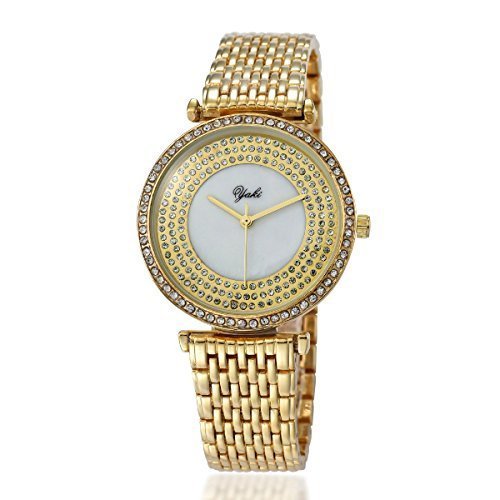 YAKI Designer Strass Analog Quarz Uhr Gold Armband Weiss Zifferblatt 8848 G
