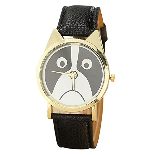 Culater Frauen Maedchen Gold Zifferblatt schoen traurig Panda Katzenbaer Gesicht Kunstleder Armbanduhr schwarz