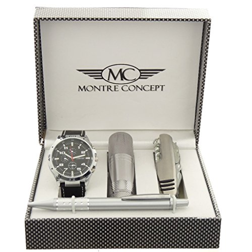 Geschenkset Armbanduhr Herren mit Multifunktions Messer Taschenlampe und Kugelschreiber Montre Concept Ref CCLA765 NOIR NOIR