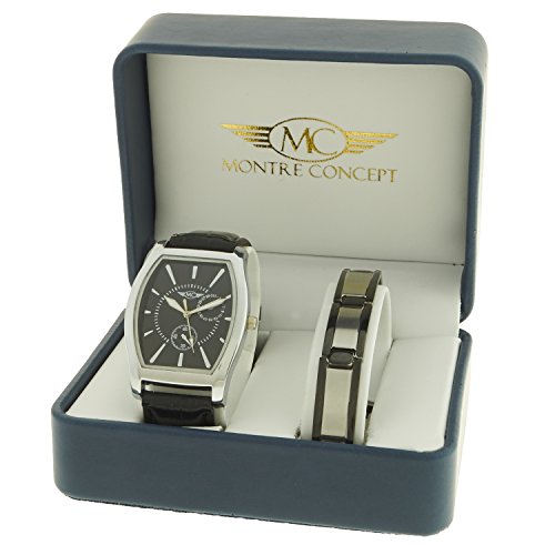 montre concept Geschenk Set Uhr mit Armband aus Edelstahl Uhr Analog Armband schwarz Gehaeuse rechteckig Hintergrund Schwarz BH1 1 0075
