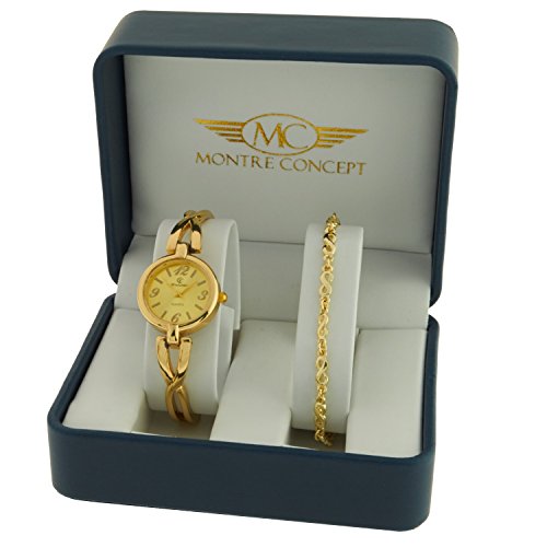 Montre Concept Geschenkschatulle Geschenkbox zeigt Damen mit Ein schoenes Armband Zeigt Analog Armband Gold Zifferblatt rund goldfarbenem Hintergrund BF7 2 00085