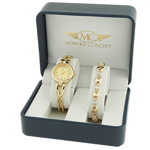 Montre Concept Geschenkschatulle Geschenkbox zeigt Damen mit Ein schoenes Armband Zeigt Analog Armband Gold Zifferblatt rund goldfarbenem Hintergrund BF9 2 00085