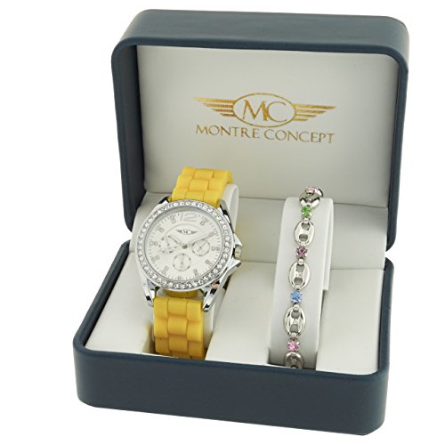 Montre Concept Geschenkschatulle Geschenkbox zeigt Damen mit Ein schoenes Armband Zeigt Analog Armband gelb Zifferblatt rund Boden Silber BF4 2 00105