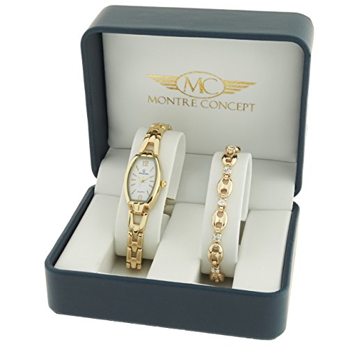 Montre Concept Geschenkschatulle Geschenkbox zeigt Damen mit Ein schoenes Armband Zeigt Analog Armband Gold Zifferblatt Fass Boden Weiss BF9 2 00083