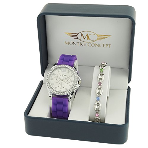 Montre Concept Geschenkschatulle Geschenkbox zeigt Damen mit Ein schoenes Armband Zeigt Analog Armband Violett Zifferblatt rund Boden Silber BF4 2 00111
