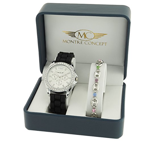 Montre Concept Geschenkschatulle Geschenkbox zeigt Damen mit Ein schoenes Armband Zeigt Analog Armband schwarz Zifferblatt rund Boden Silber BF4 2 00106