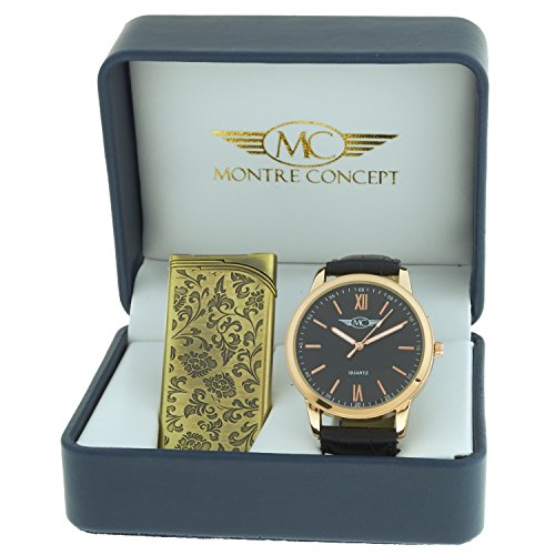 Montre Concept Mens watch gift set with metal lighter Analogue watch black strap gold rose case black background BR1 1 0066