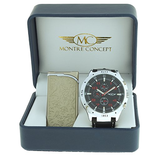 Montre Concept Mens watch gift set with metal lighter Analogue watch black strap silver case black background BR1 1 0073