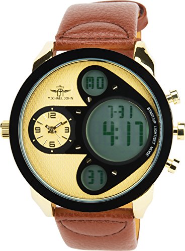 MICHAEL JOHN beige Quarz Stahl Analog Digital Display Typ Alarm Chronometer Zwei ZeitzonenSport Modus Armband braun Leder