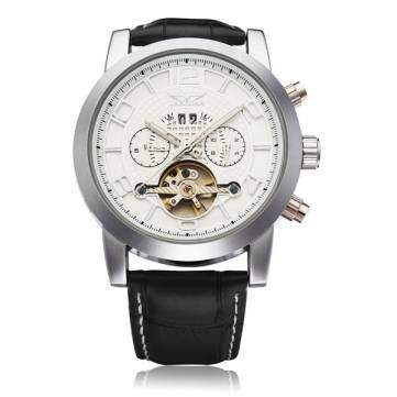 Bheema Jaragar Black Leather 3 Dial Flywheel Men Mechanical Wrist Watch