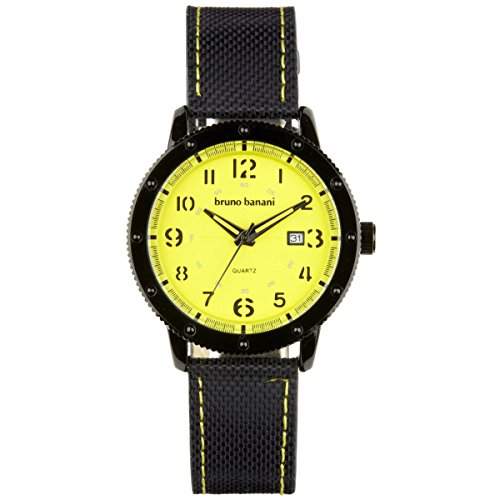 Bruno Banani Herren Armbanduhr Geros Leder-Armband schwarz Quarz-Uhr Ziffernblatt gelb Trend Uhr UBR30033