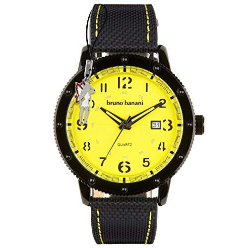 Bruno Banani Herrenuhr Geros Leder-Armband schwarz Quarz-Uhr Ziffernblatt gelb D1UBR30033