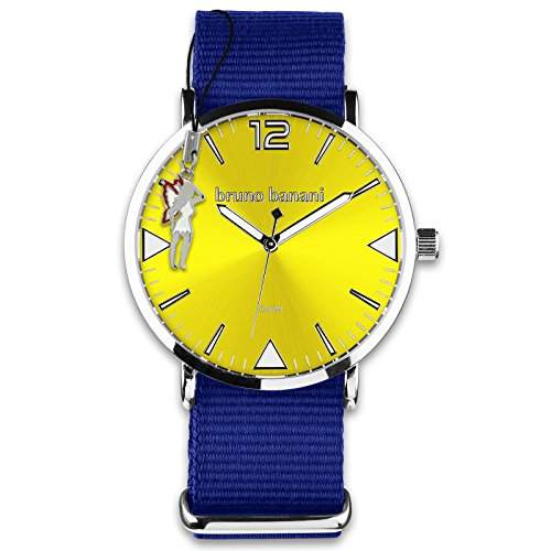 BrunoBanani Damenuhr + Nylon-Armband dunkelblau Quarz-Uhr Ziffernblatt gelb mit Fee-Anhaenger D1UBR30060