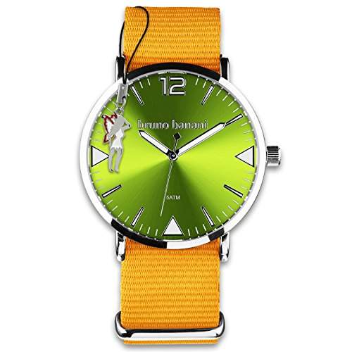 BrunoBanani Damenuhr + Nylon-Armband orange Quarz-Uhr Ziffernblatt gruen mit Fee-Anhaenger D1UBR30061