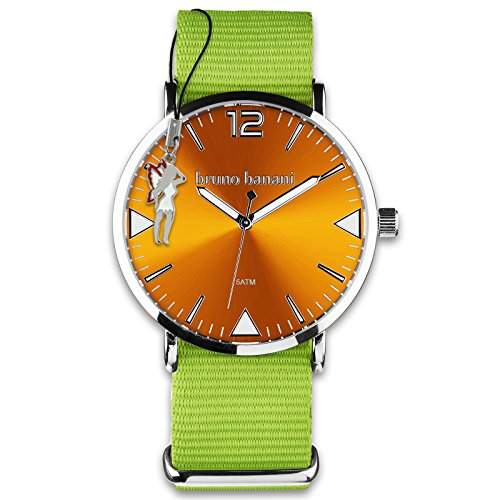 BrunoBanani Damenuhr + Nylon-Armband gruen Quarz-Uhr Ziffernblatt orange mit Fee-Anhaenger D1UBR30062