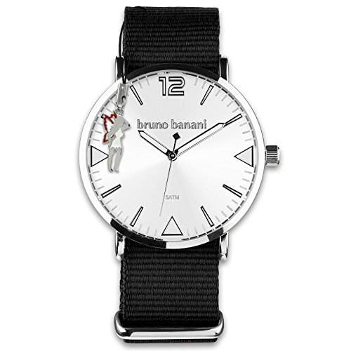 BrunoBanani Damenuhr + Nylon-Armband schwarz Quarz-Uhr Ziffernblatt naturweiss mit Fee-Anhaenger D1UBR30063