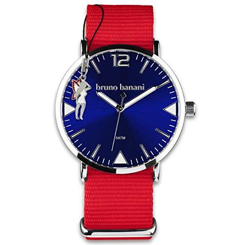 BrunoBanani Damenuhr + Nylon-Armband rot Quarz-Uhr Ziffernblatt dunkelblau mit Fee-Anhaenger D1UBR30064