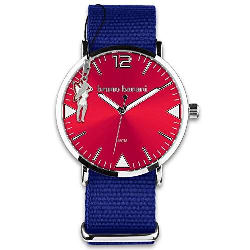 BrunoBanani Damenuhr + Nylon-Armband dunkelblau Quarz-Uhr Ziffernblatt rot mit Fee-Anhaenger D1UBR30065