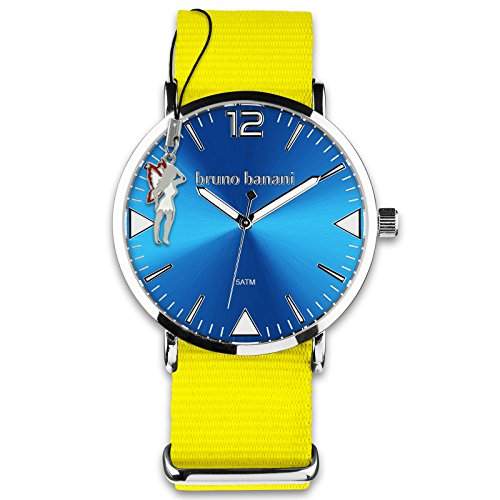 BrunoBanani Damenuhr + Nylon-Armband gelb Quarz-Uhr Ziffernblatt blau mit Fee-Anhaenger D1UBR30067
