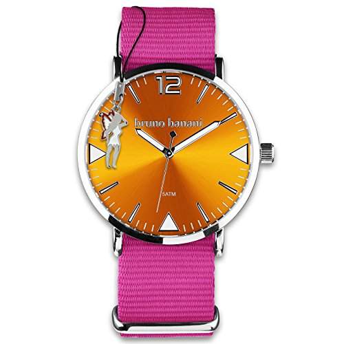 BrunoBanani Damenuhr + Nylon-Armband pink Quarz-Uhr Ziffernblatt orange mit Fee-Anhaenger D1UBR30068