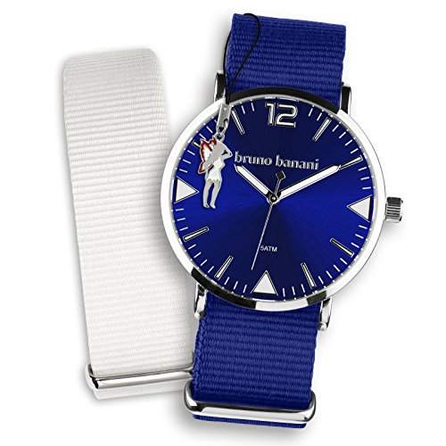 Bruno Banani Damen, Herren Armbanduhren Set Quarz-Uhr + TextilNylon-Armband dunkelblau, weiss + Fee-Anhaenger UBRS52WE