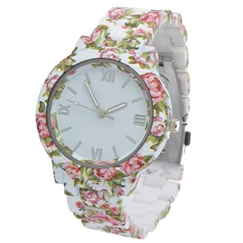 Souarts Weiss Damen Knallig Blumen Keramik Uhr mit Batterie Analog Quarz Armbanduhr