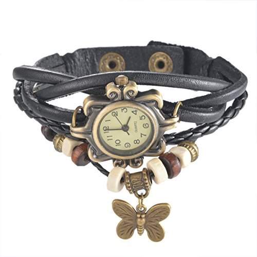 Souarts Damen Schwarz Schmetterling Geflochten Armbanduhr Jugendliche Armreif Uhr mit Batterie Zifferblatt