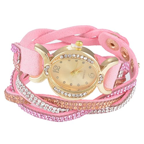 Souarts Damen Rosa Korean Velvet Vintage Armbanduhr mit Strass Anhaenger Quartzuhr Analog mit Batterie 39cm