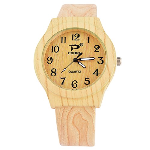 Souarts Damen Retro Holz Streifen Uhr Armbanduhr Holzimitation Kunstleder Quartzuhr Analog mit Batterie Natur
